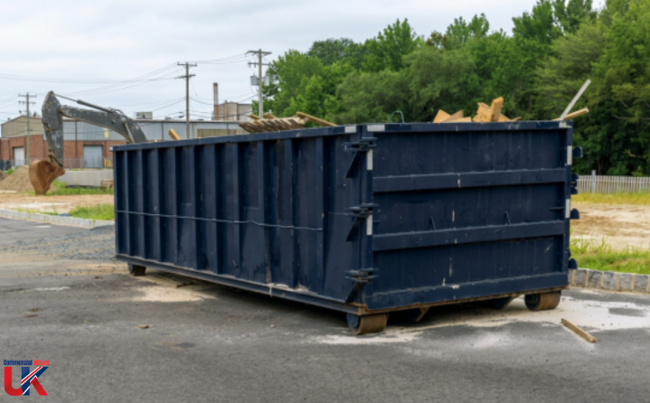 Roll On Roll Off Yellow skip bin with a logo on the side.