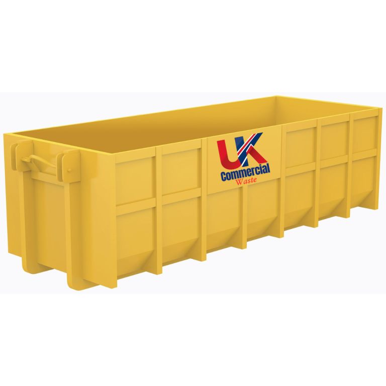 Roll On Roll Off Yellow skip bin with a logo on the side.